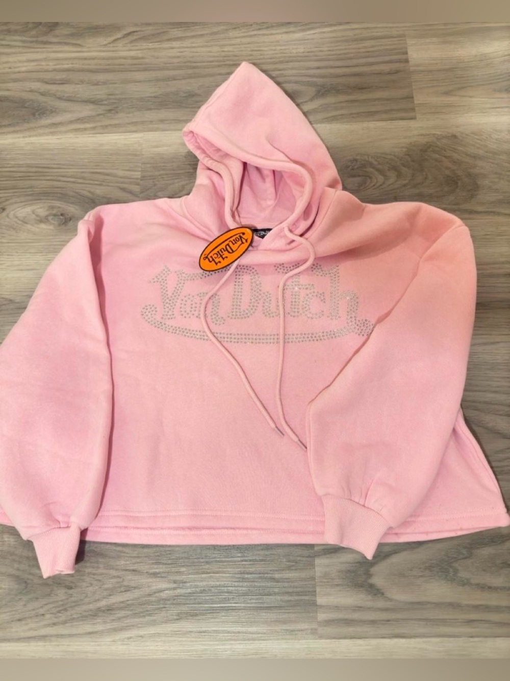 Von Dutch Light Pink Rhinestone Logo Pullover Hoodie